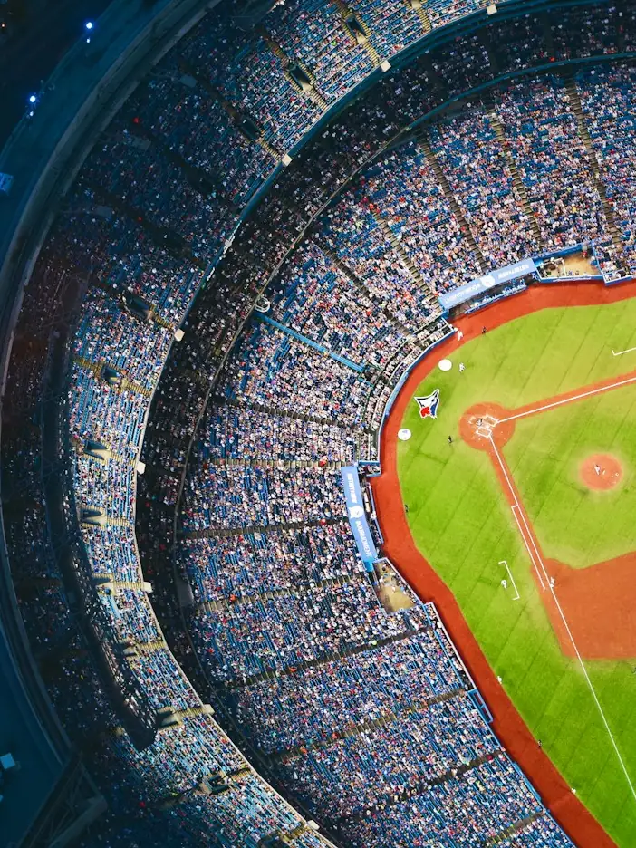 Ballpark from directly overhead, stands full.