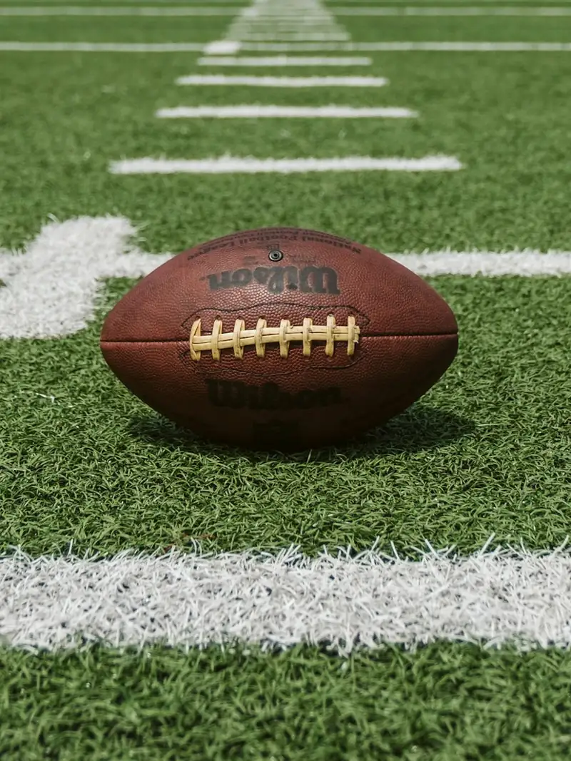 Football sitting on the yard markings of a turf field.
